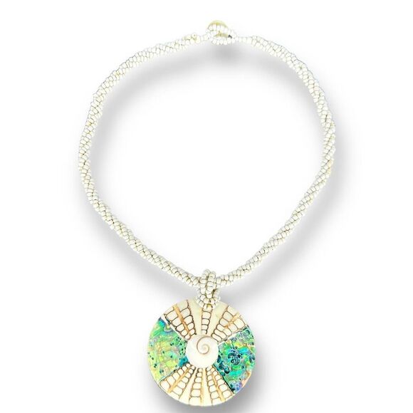 Vintage Mother of Pearl Abalone Inlay Round Pendant Mini Beaded Double Necklace - Picture 1 of 8